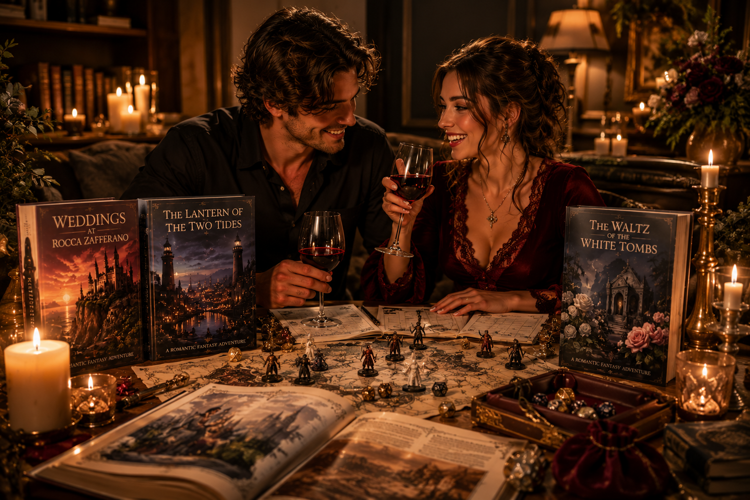 A couple sipping red wine while playing a romantic D&D adventure by candlelight.
