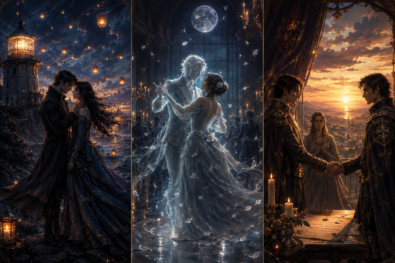 Three romantic fantasy scenes: a couple by a lighthouse, a ghostly dance under the moon, and a sunset treaty.