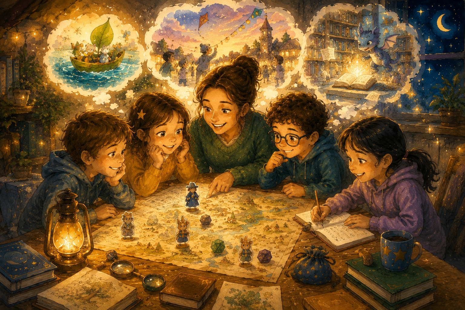 Kids and teacher gathered around a story map with magical thought bubbles.
