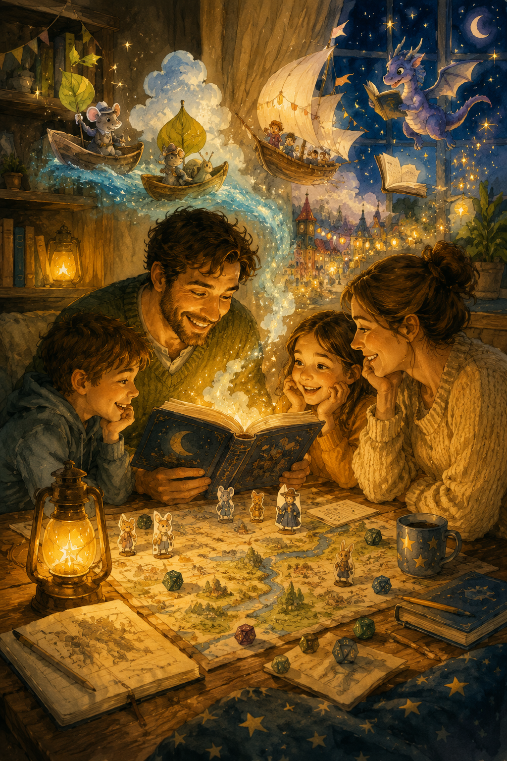A family reading a magical storybook together with floating boats and a dragon.