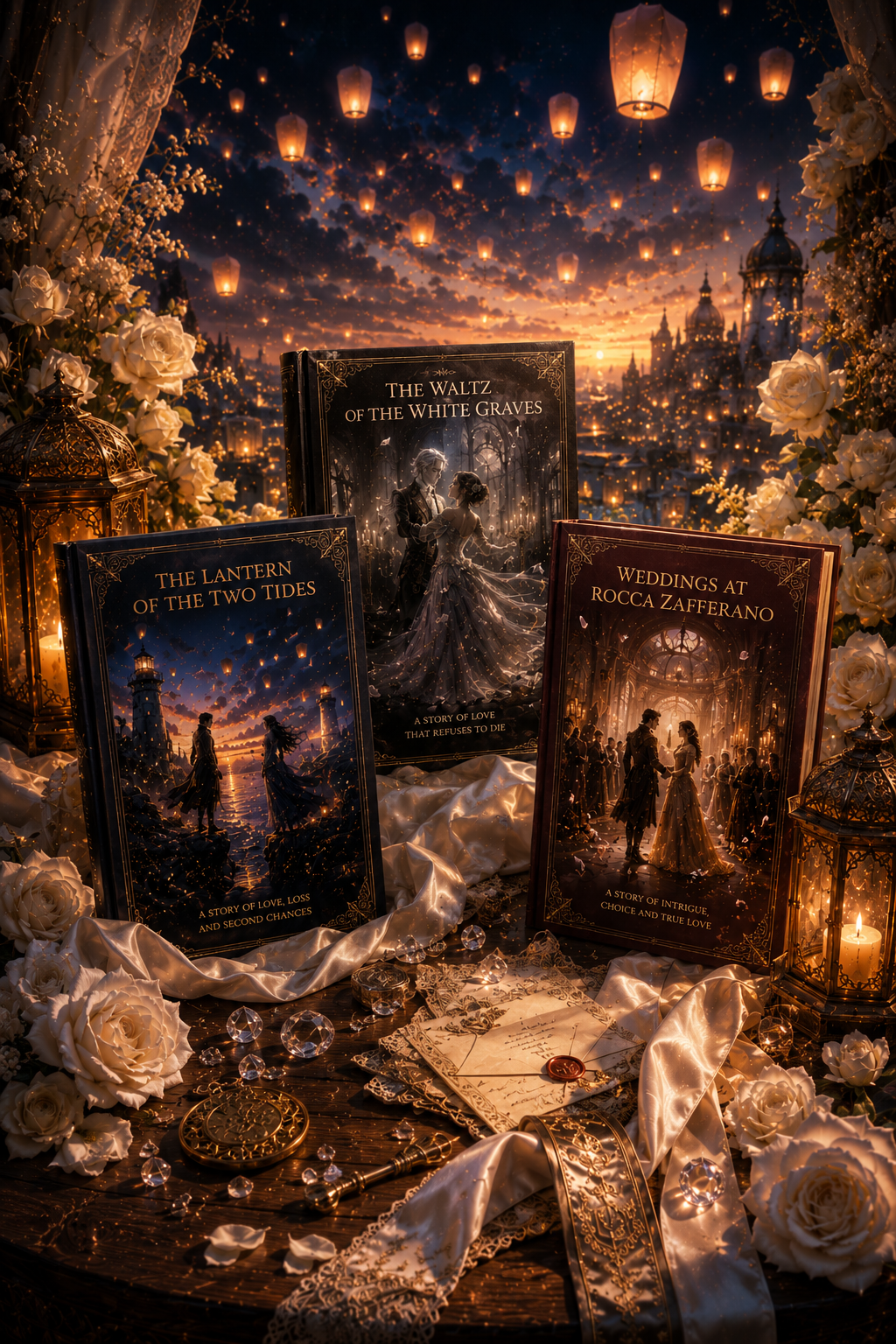 Three romantic D&D adventures spread across a candlelit table — character sheets, dice, maps and an open adventure book.